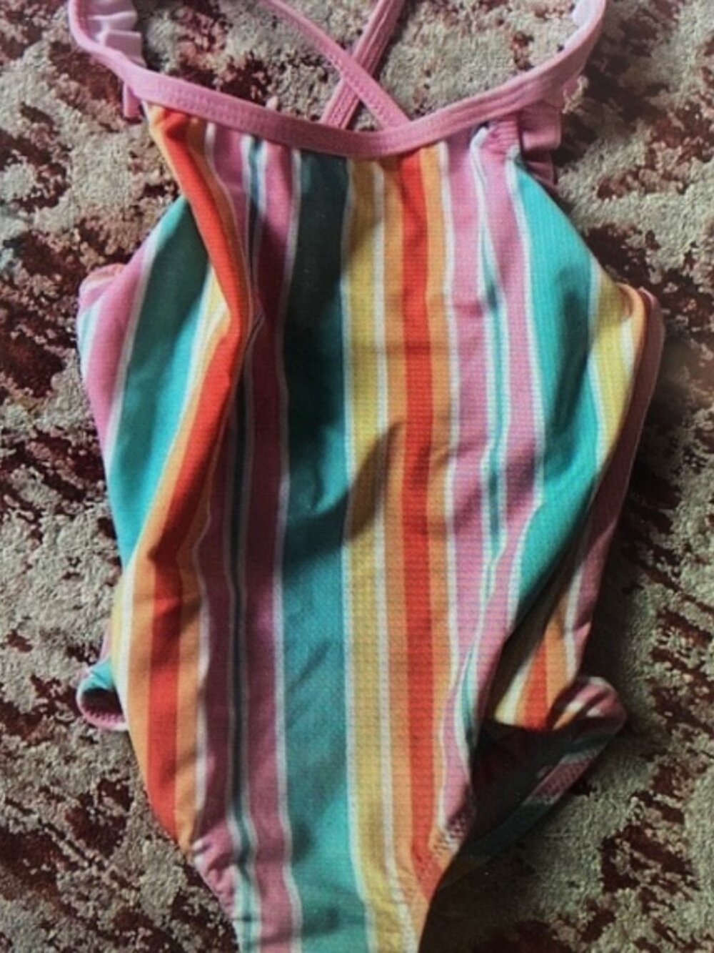 Girls' Rainbow Stripe One-Piece Swimsuit - Pink Trim